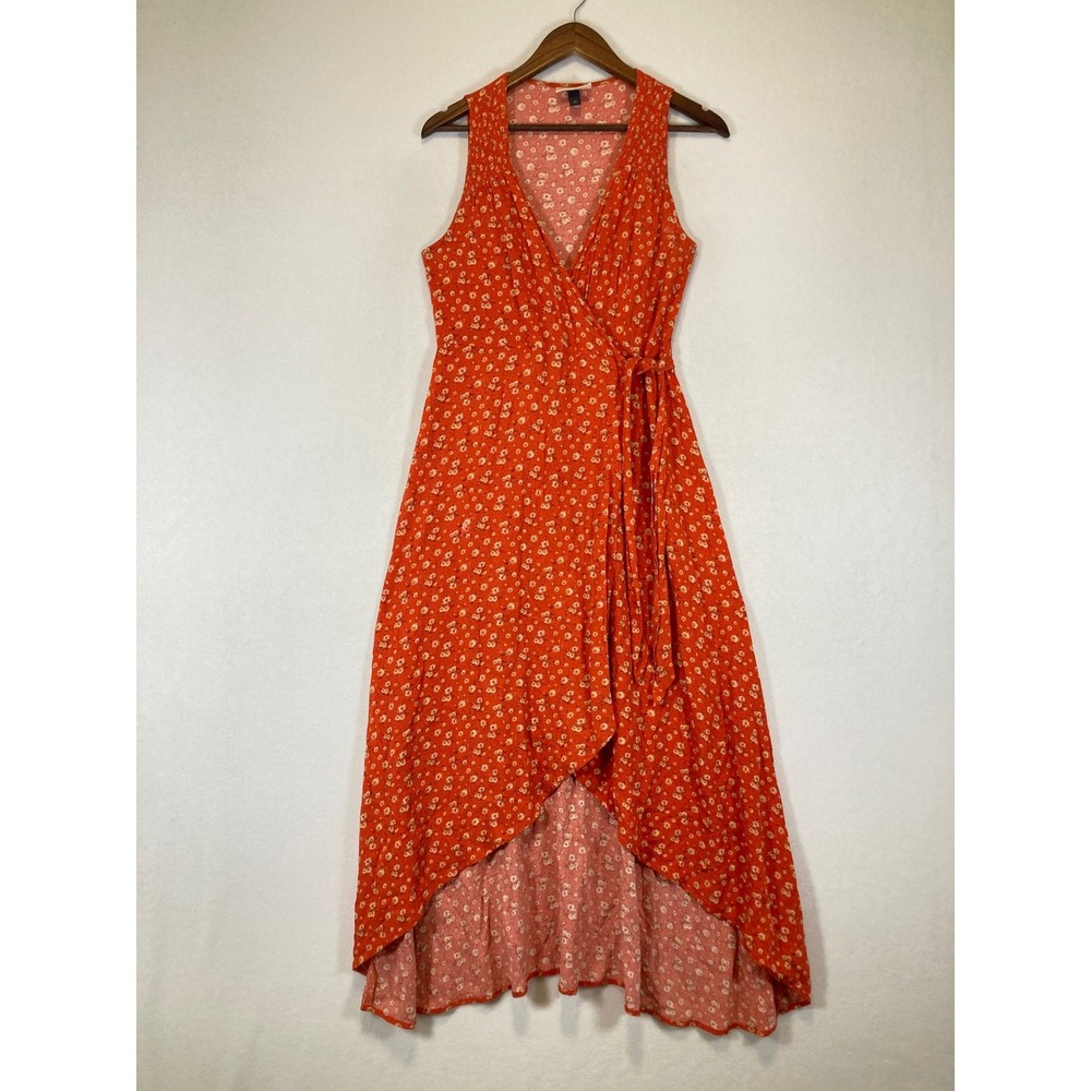 Boho Cottagecore Universal Thread Women XS Orange Floral High-Low‎ Wrap Dress